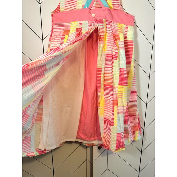 Kenzo Kids Girl’s Medium Pink Green Criss Cross Printed Apron Midi Sun Dress - Picture 3 of 9